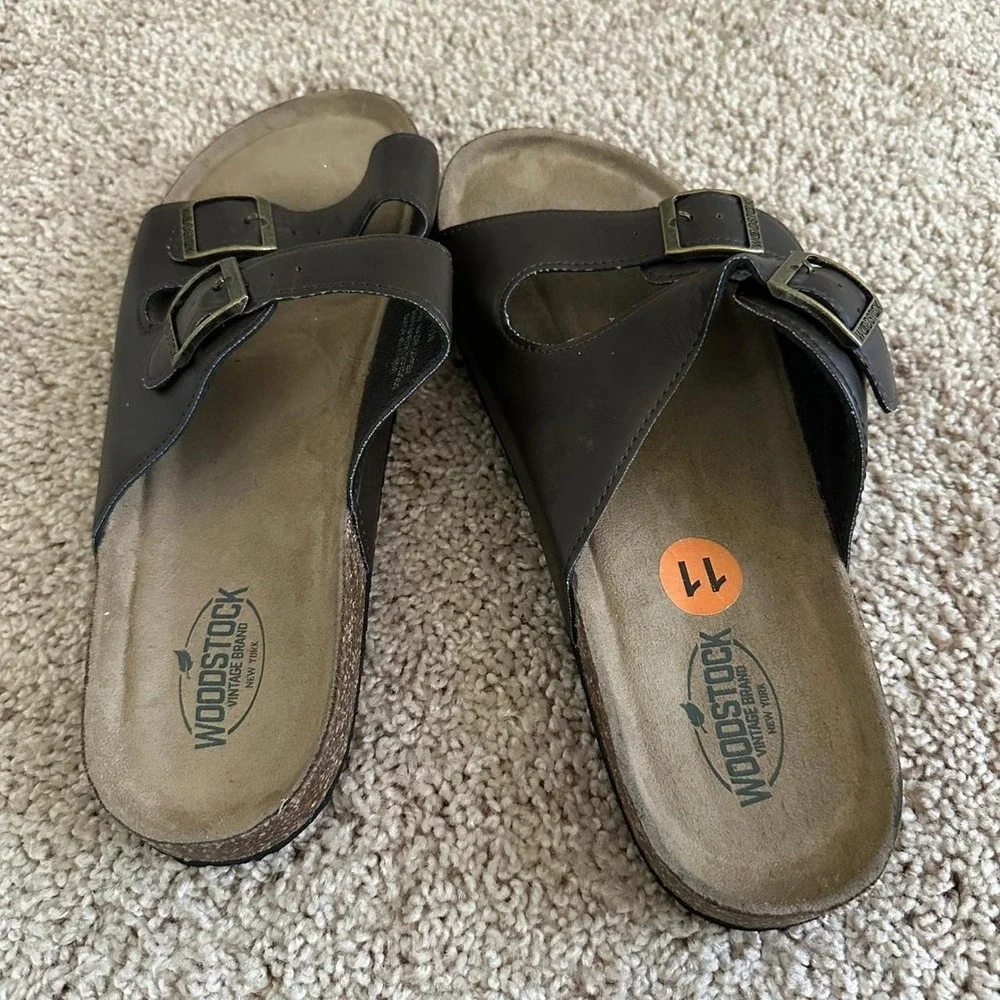 Woodstock Sandals Men 11 Brown Double Buckle Strap Cork Slide Comfort Shoes